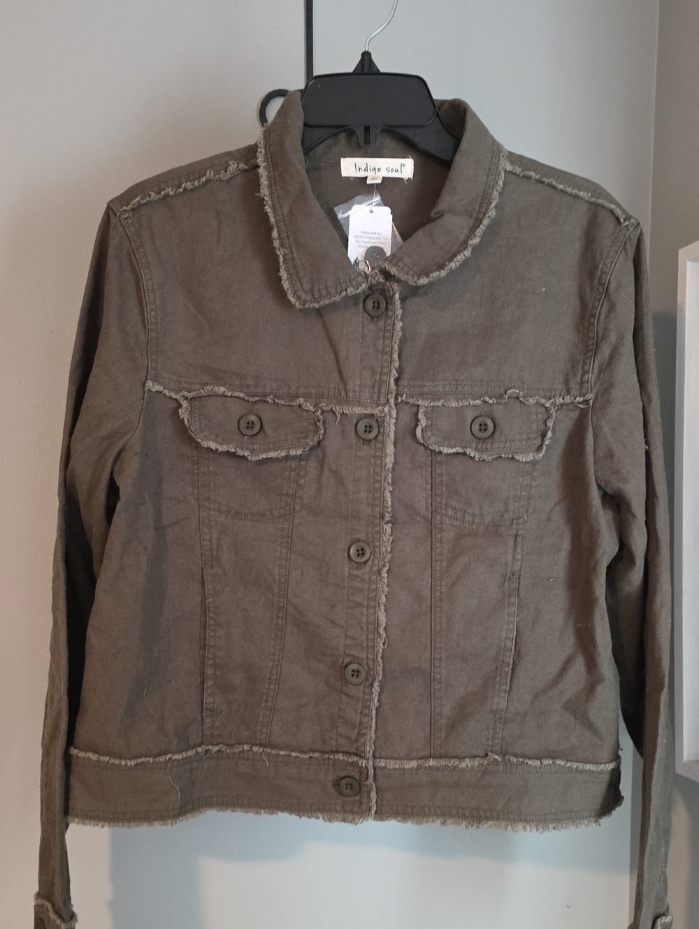 indigo soul Olive Frayed-Edge Utility Jacket Size Large